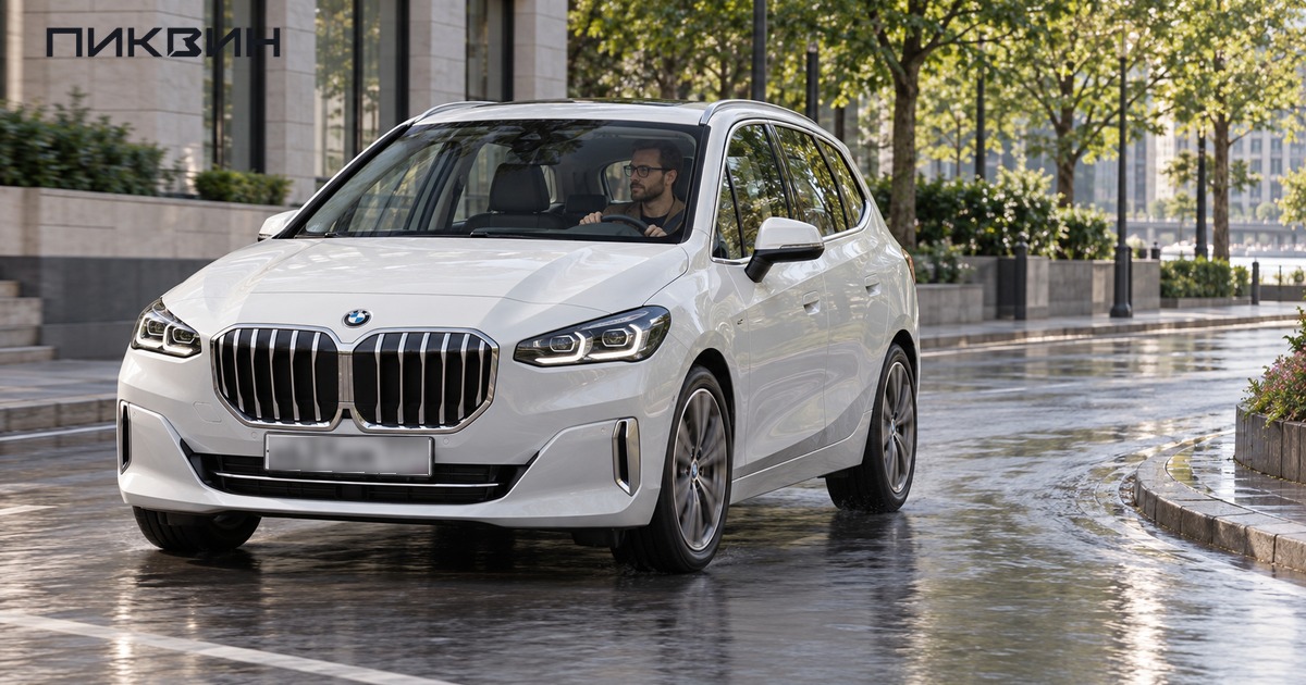 Белый BMW Active Tourer проходит плавный поворот городской улицы.