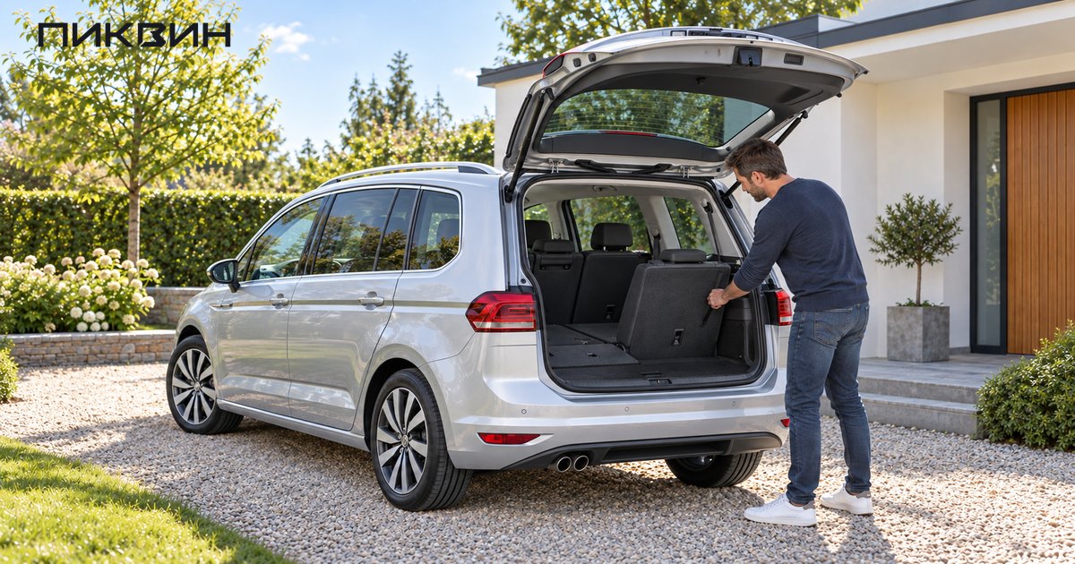 Мужчина поднимает сиденье третьего ряда Volkswagen Touran.