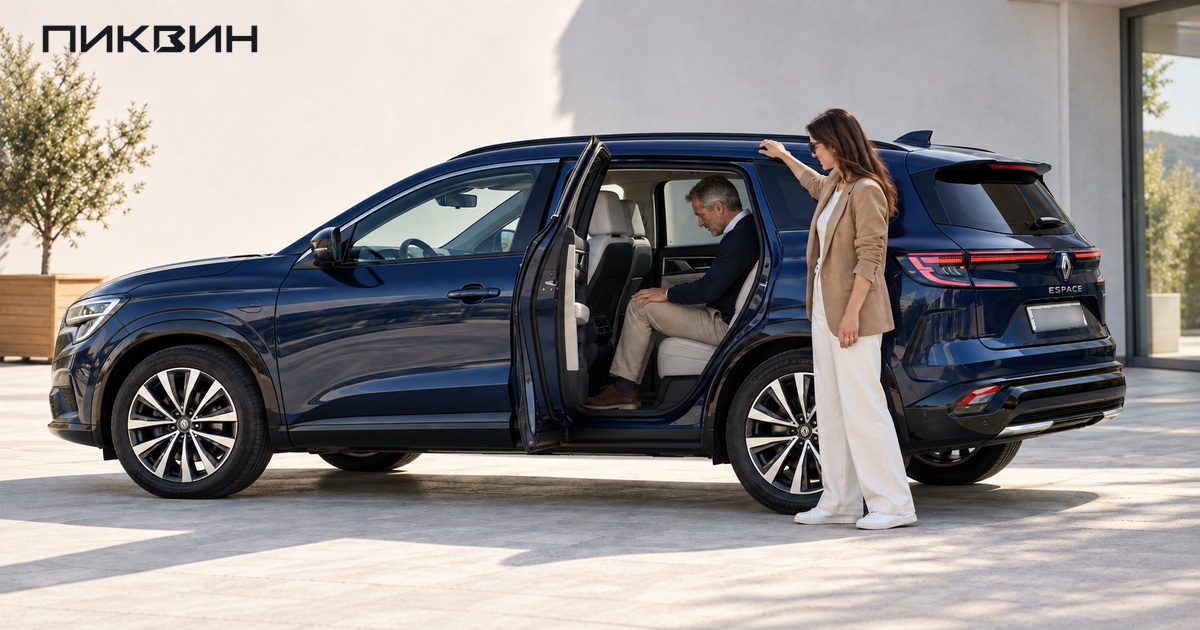 Пассажир примеряет заднее сиденье Renault Espace перед семейной покупкой.