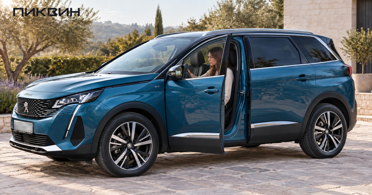 Женщина настраивает посадку за левым рулём Peugeot 5008.