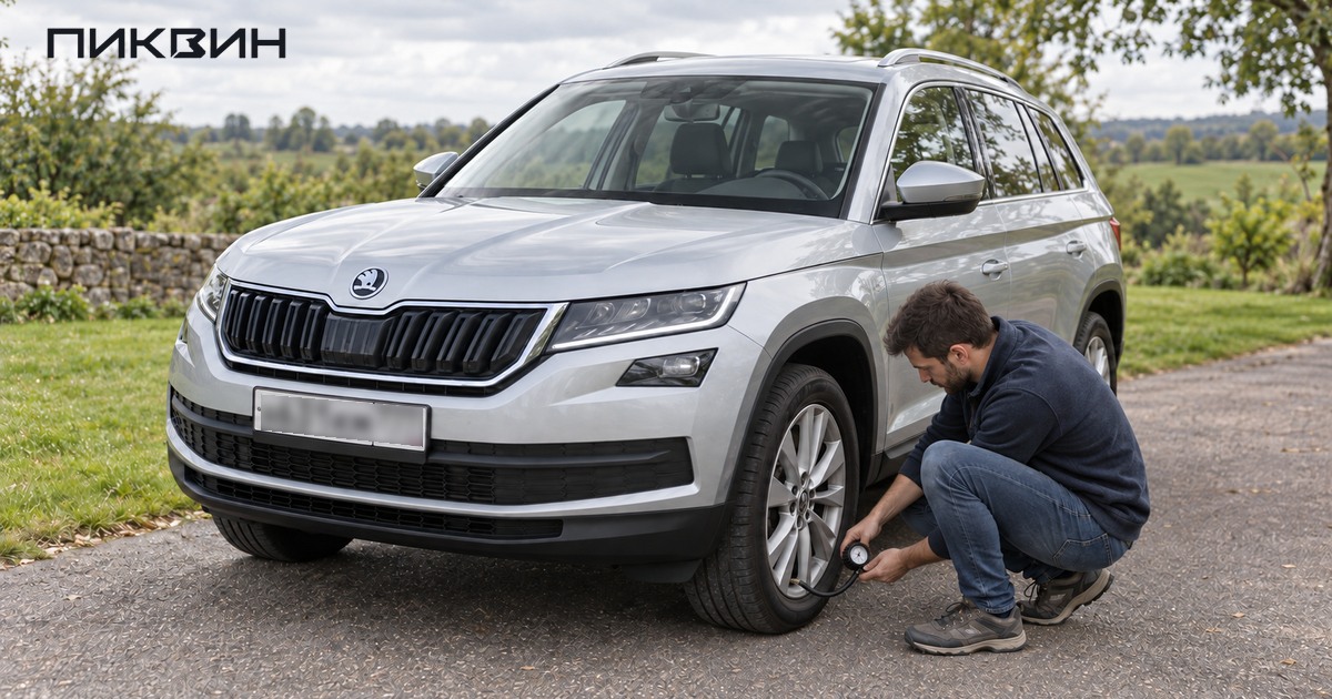 Мужчина проверяет давление в передней шине Skoda Kodiaq.