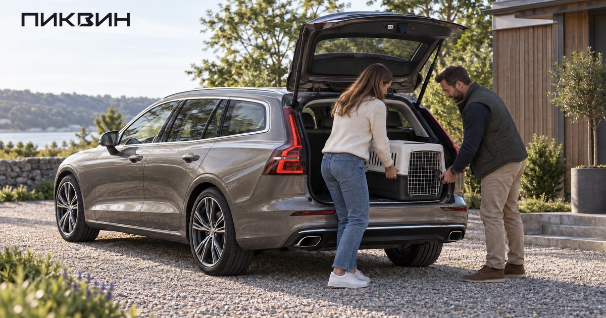 Двое взрослых ставят пустой жёсткий бокс в багажник Volvo V60.