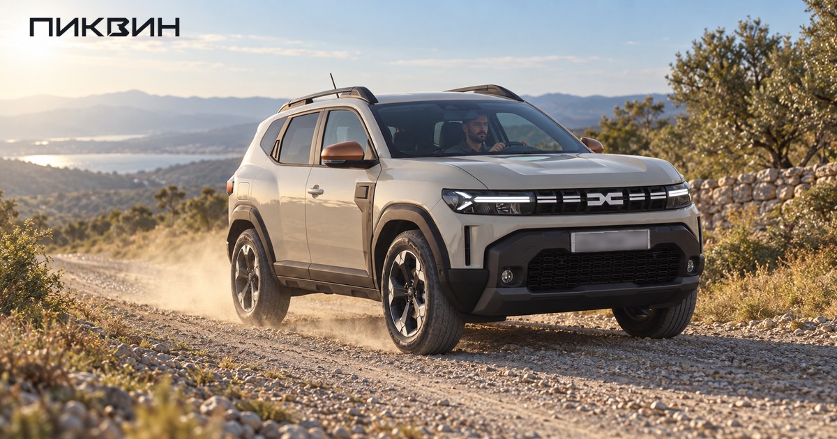 Dacia Duster едет по неровной грунтовой дороге к загородному дому.