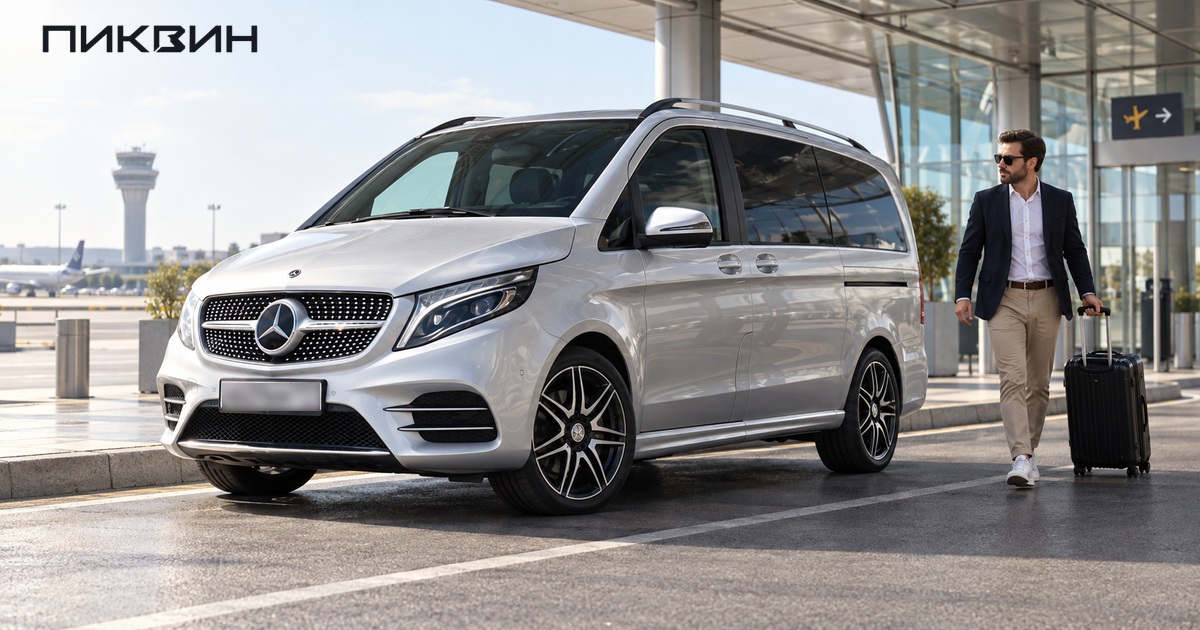Серебристый Mercedes-Benz V-Class и пассажир с чемоданом у терминала.