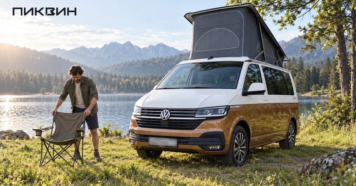 Volkswagen California T6.1 с поднятой крышей и владельцем, раскладывающим походный стул.