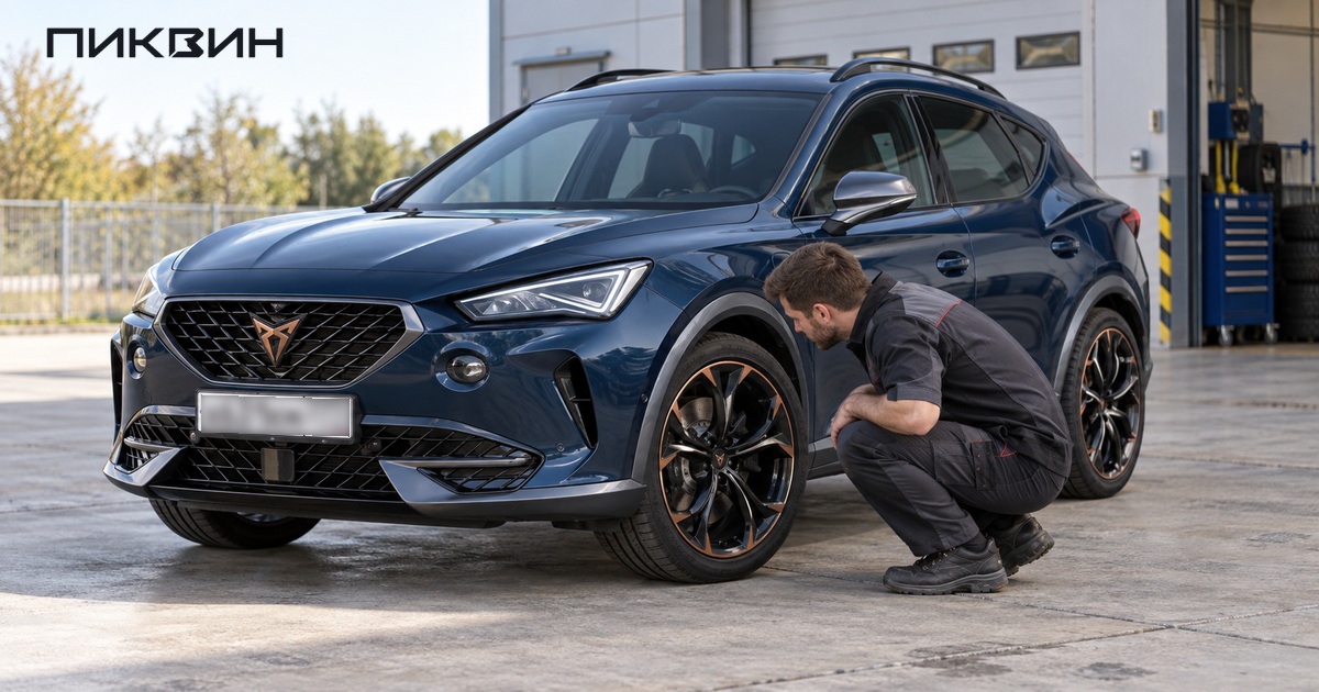 Механик рядом с передним колесом CUPRA Formentor осматривает тормозной диск.