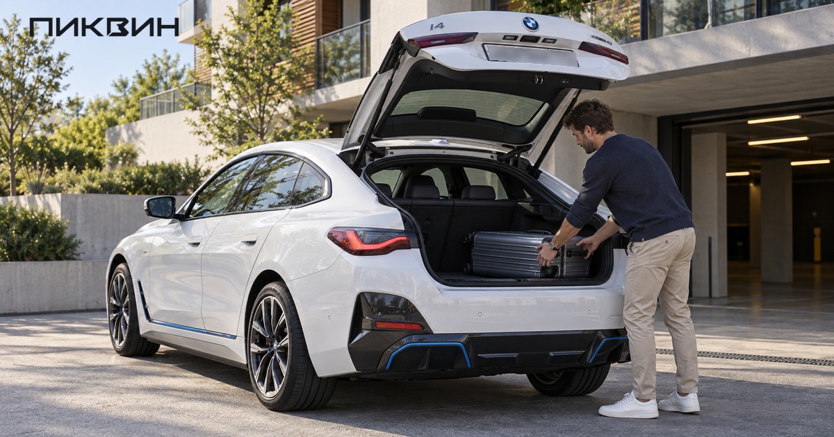 Владелец загружает дорожный чемодан в BMW i4.