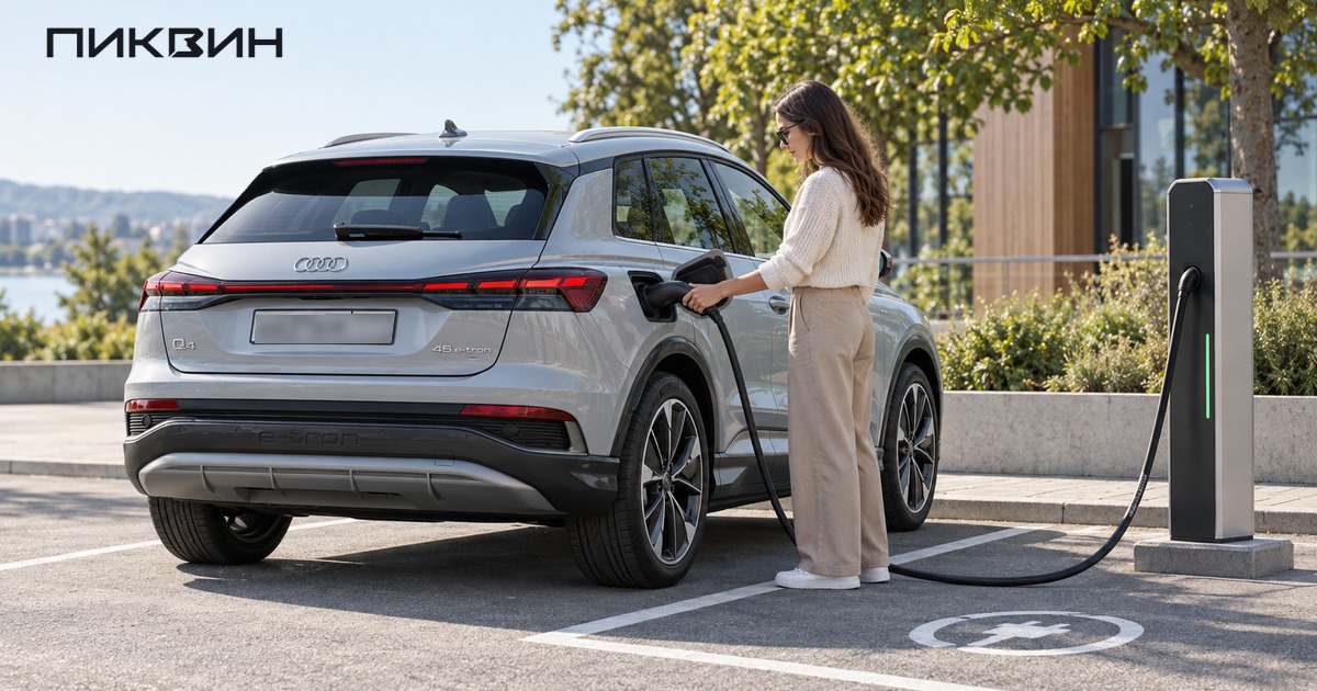 Владелица подключает Audi Q4 e-tron к зарядной станции.