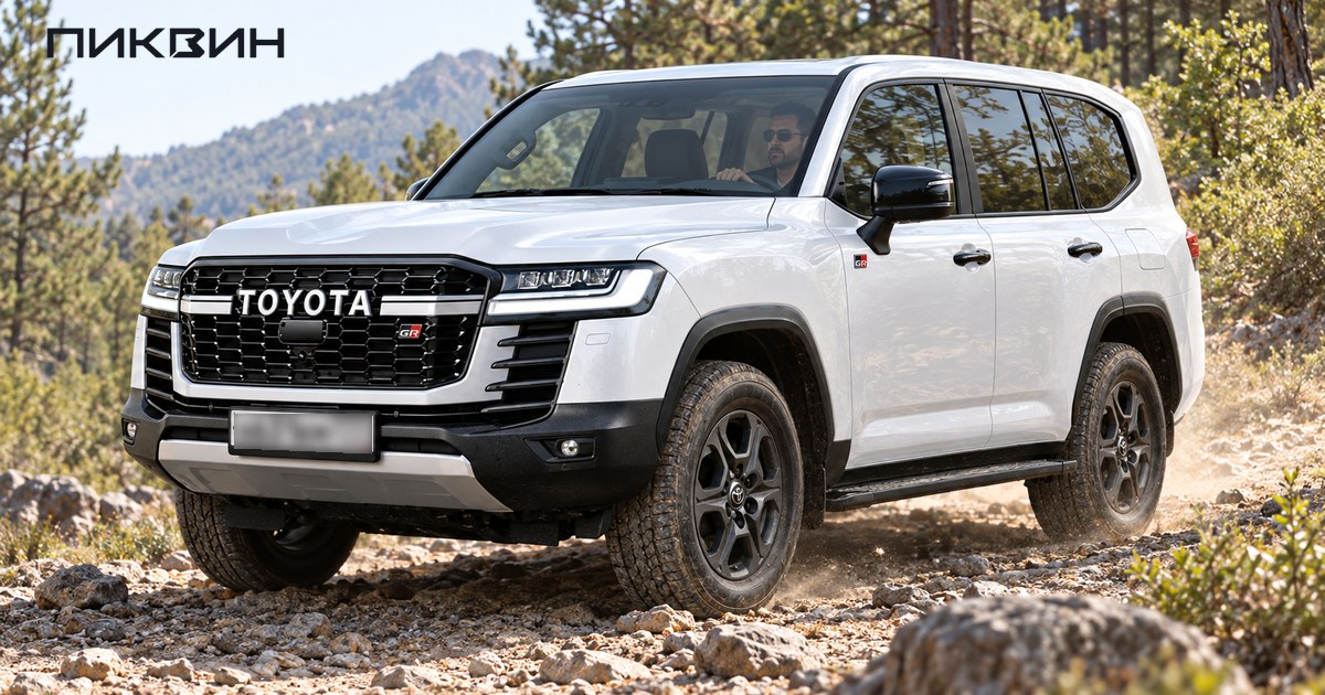 Белый Toyota Land Cruiser 300 GR Sport едет по неровной грунтовой дороге.