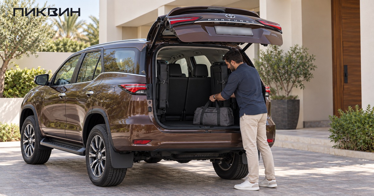 Владелец размещает сумку между поднятыми к боковинам сиденьями Toyota Fortuner.