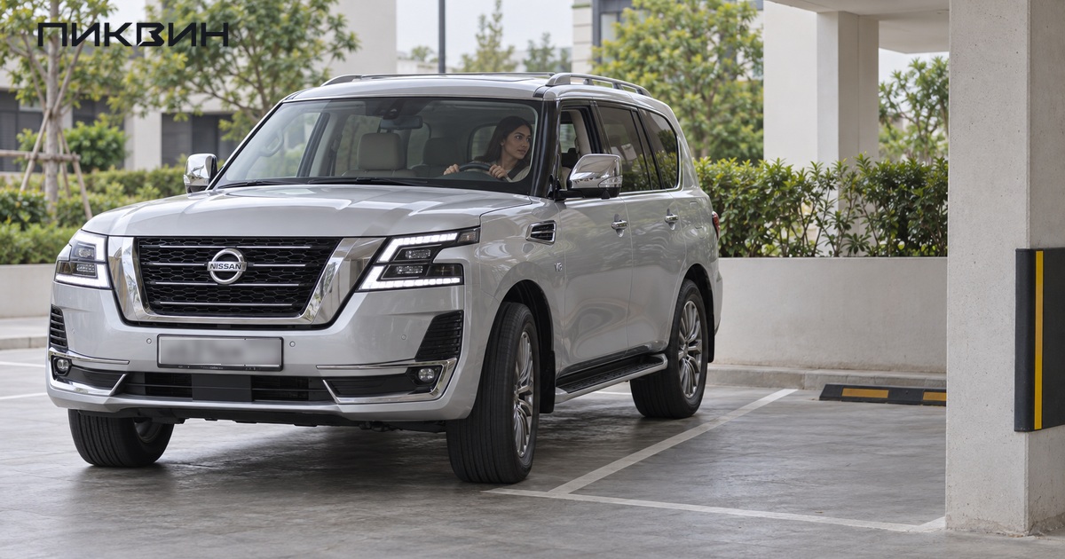 Серебристый Nissan Patrol Y62 поворачивает при въезде на парковочное место.
