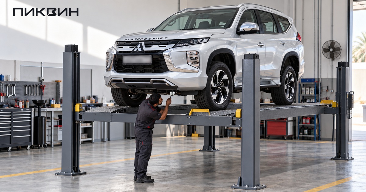 Механик осматривает днище Mitsubishi Montero Sport на четырёхстоечном подъёмнике.
