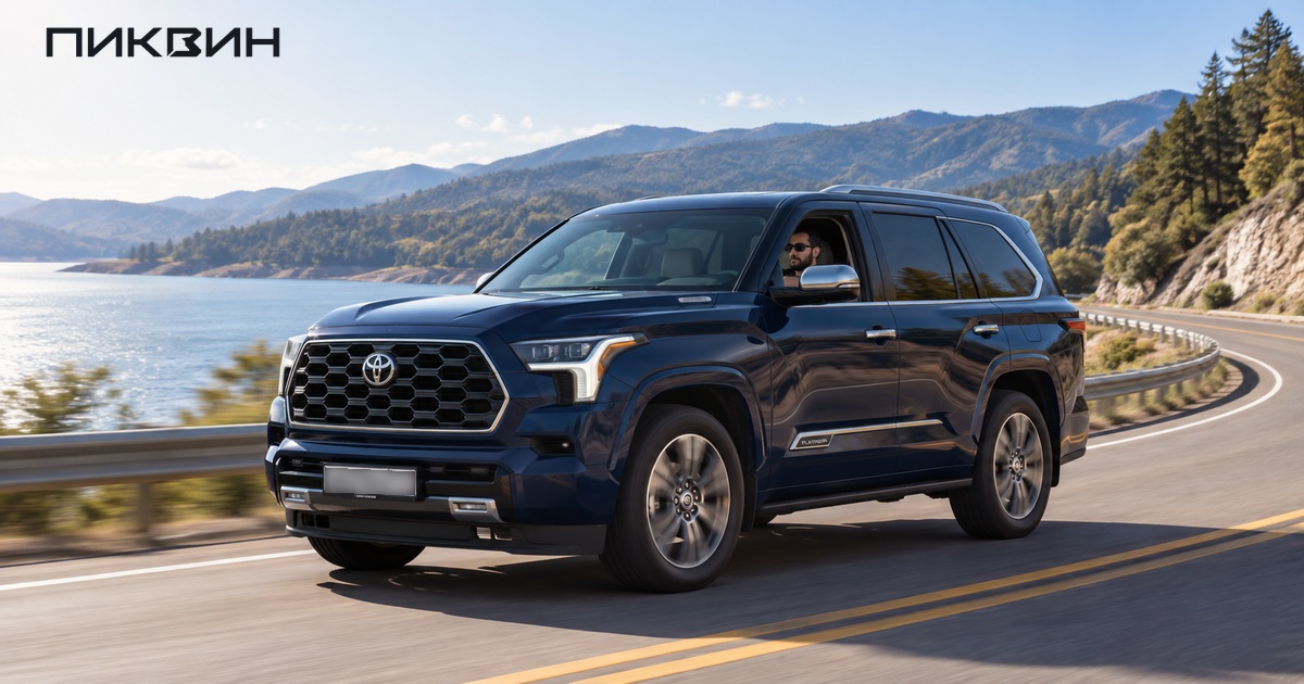 Синяя Toyota Sequoia Platinum проходит плавный поворот; водитель находится слева.