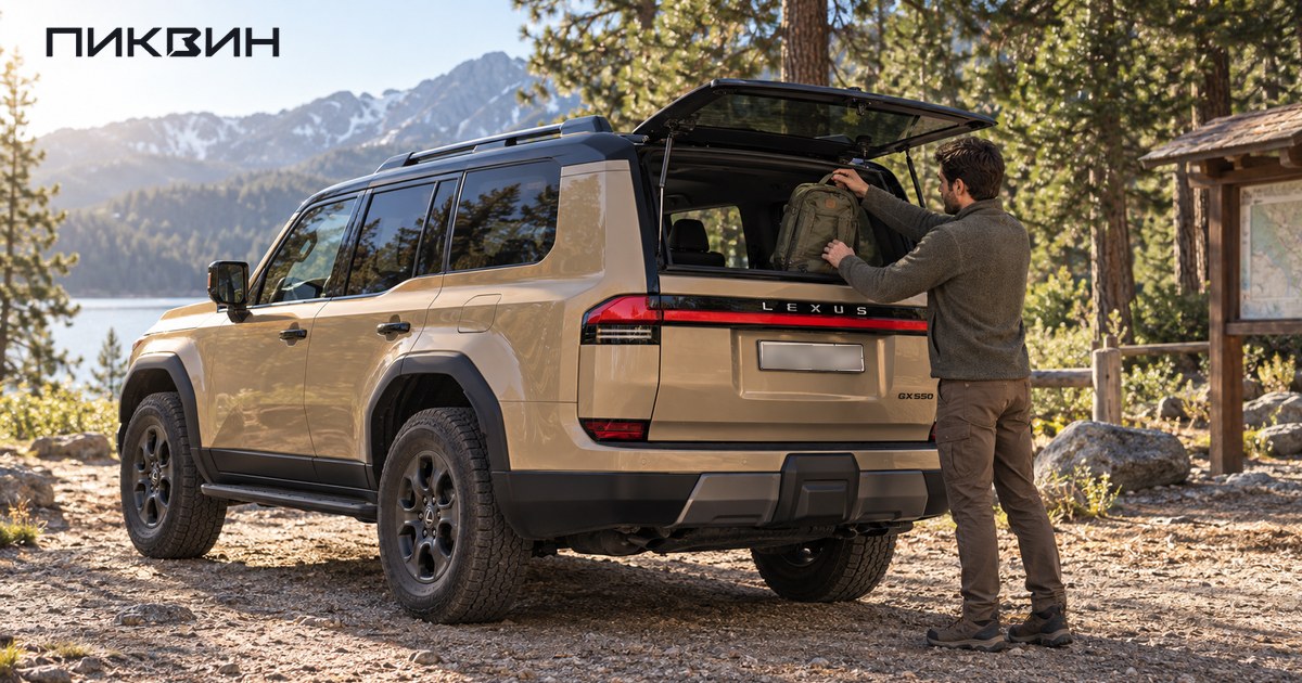 Владелец достаёт рюкзак через открытое заднее стекло Lexus GX 550; основная дверь закрыта.