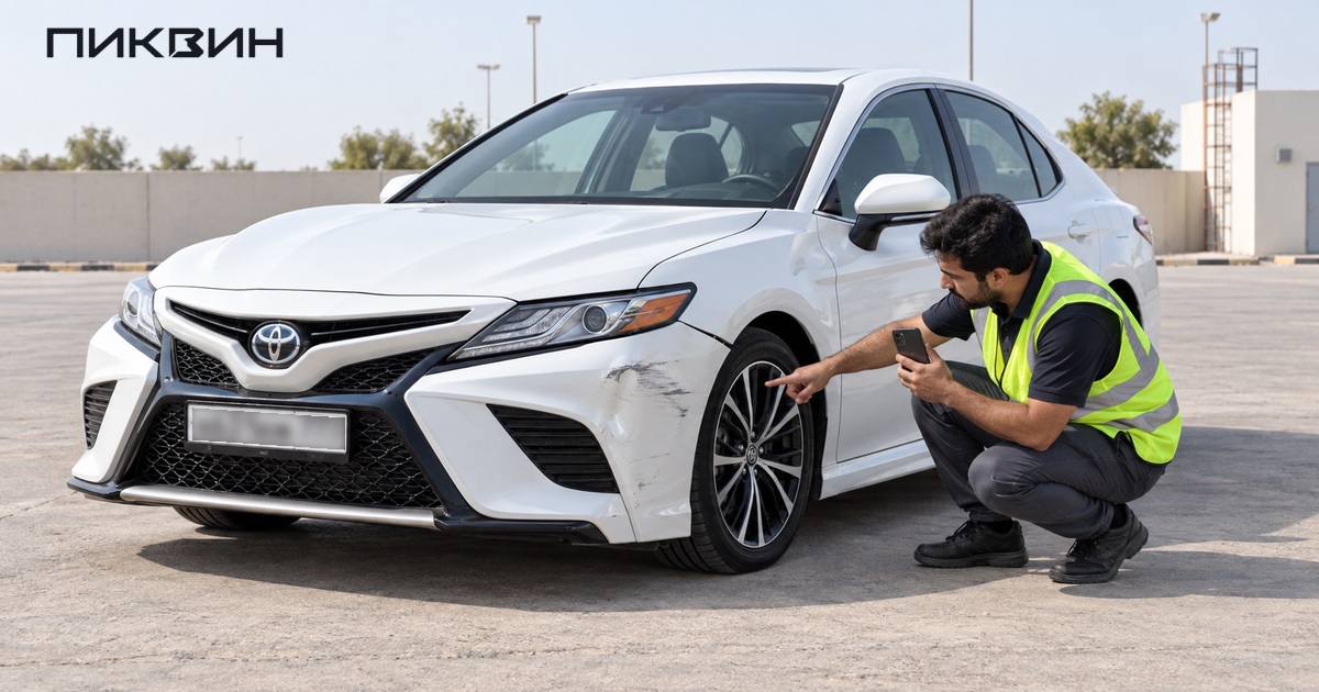 Специалист осматривает повреждённый бампер Toyota Camry; условная иллюстрация, не фотография реального лота Emirates Auction.