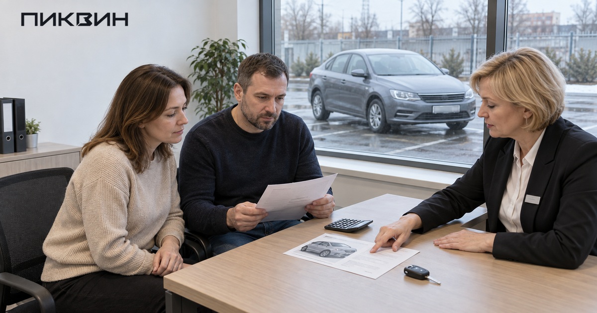 Супруги обсуждают с консультантом оценку автомобиля и порядок компенсации при разделе имущества.