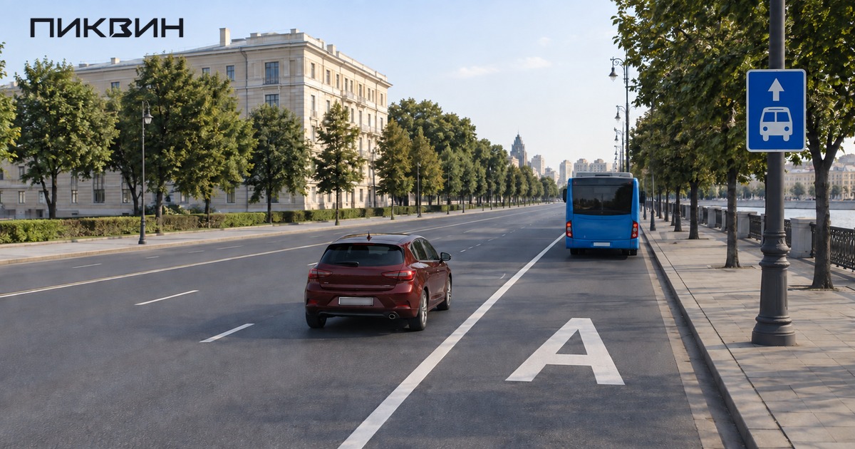 Личный автомобиль остаётся в обычной полосе, пока автобус движется по выделенной полосе справа.