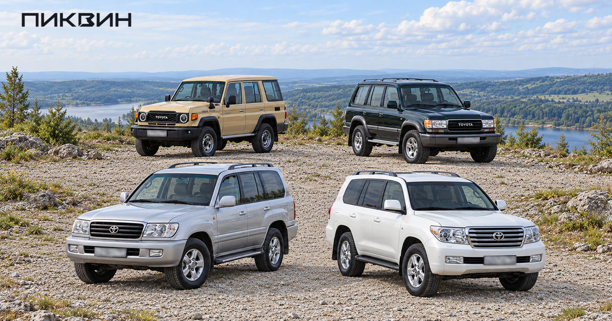 Четыре Toyota Land Cruiser серий 70, 80, 100 и 200 на общей площадке.