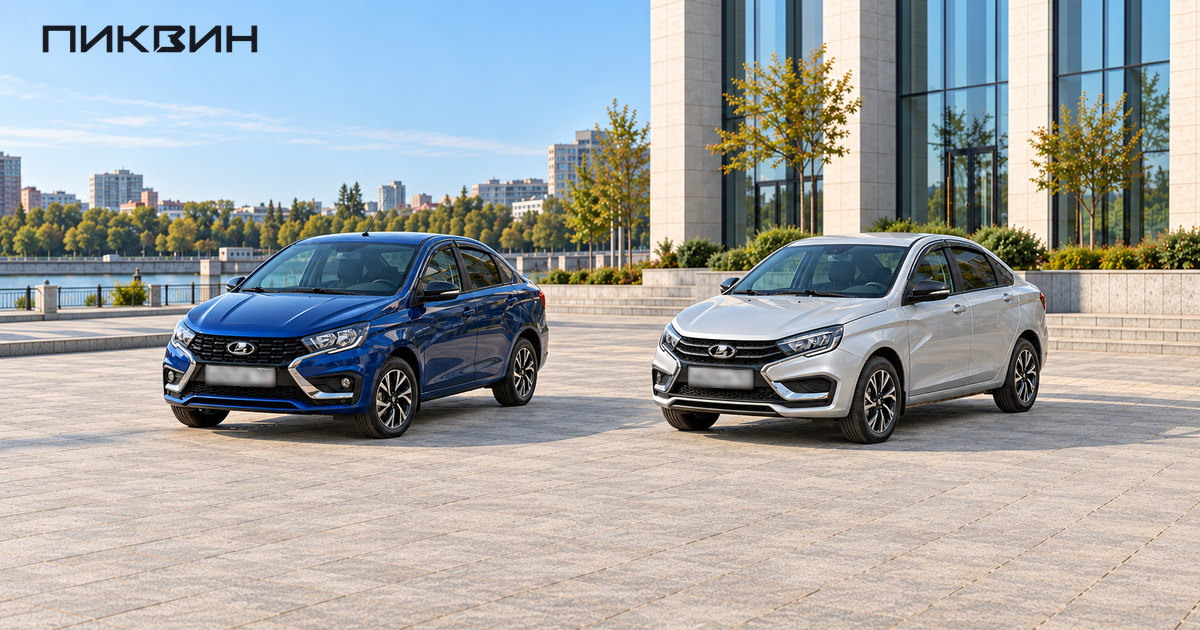 Синий седан Lada Iskra и серебристая Lada Vesta NG рядом на светлой площадке.