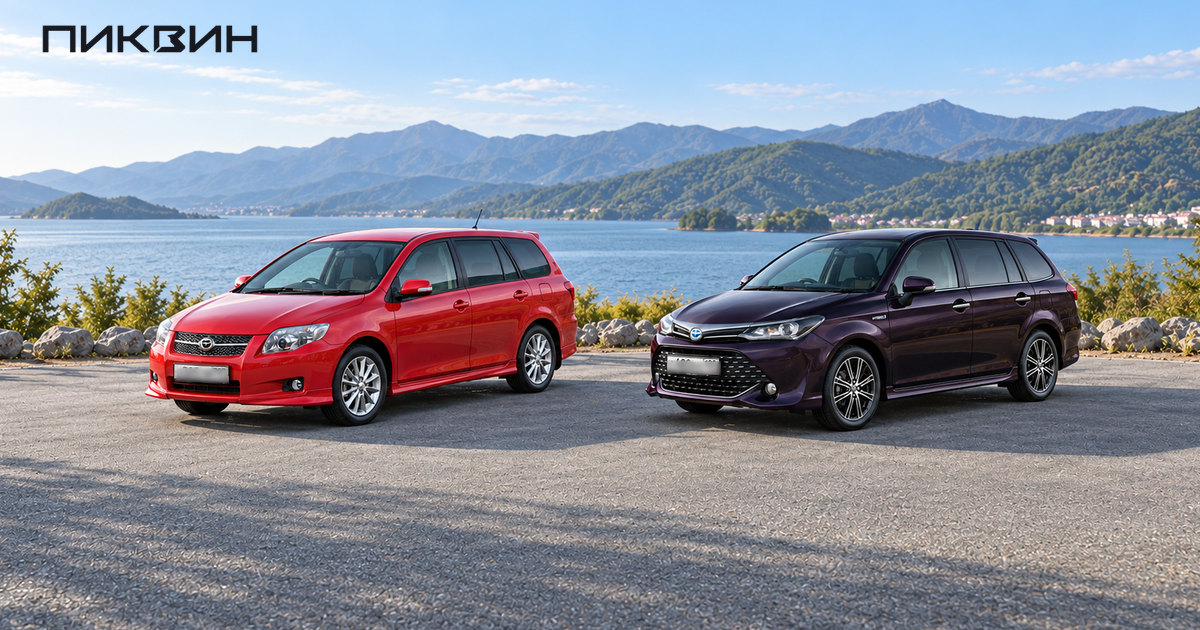 Красный Toyota Corolla Fielder второго поколения и тёмно-фиолетовый Fielder третьего поколения стоят рядом у озера.