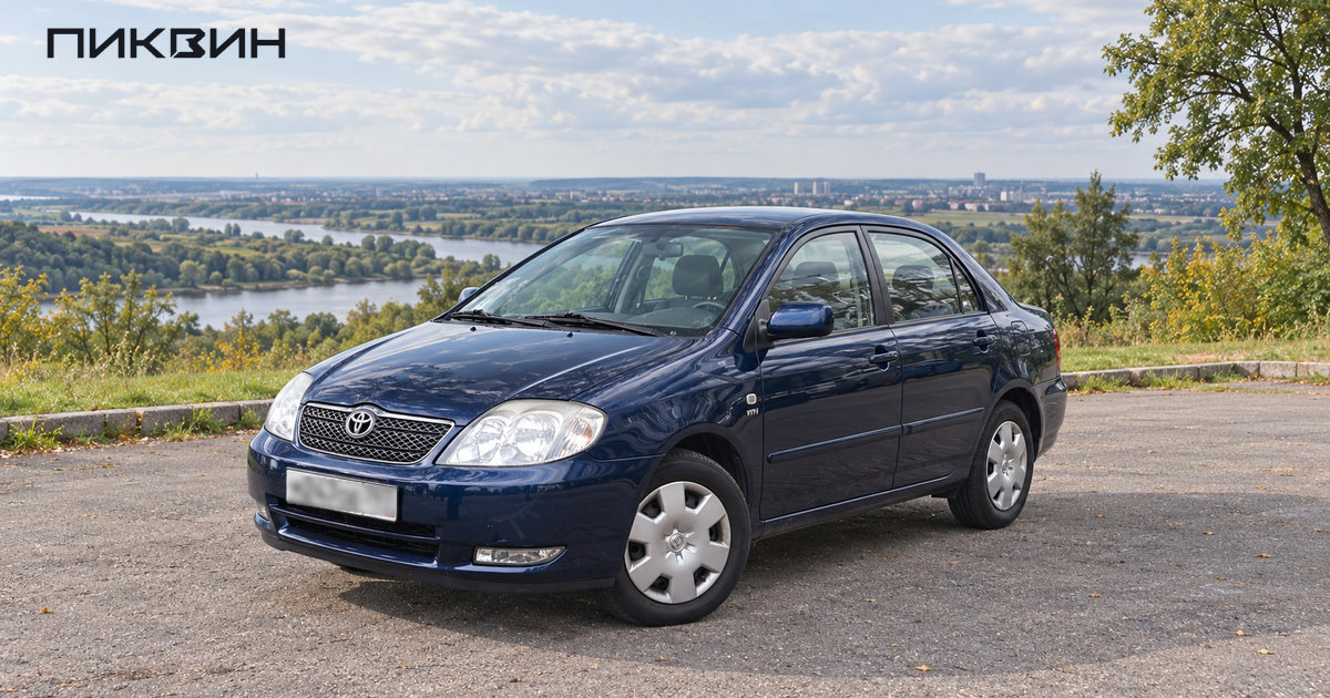 Седан Toyota Corolla E120 синего цвета, вид спереди слева.
