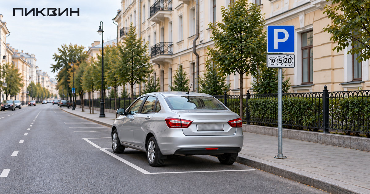 Автомобиль в парковочном кармане у знака P с табличкой платных услуг 10, 15, 20.