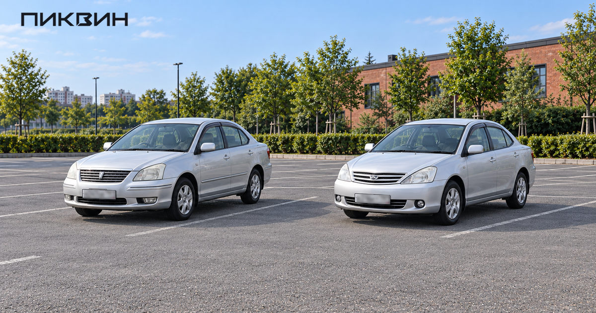 Серебристые Toyota Premio и Toyota Allion первого поколения на одной площадке, вид спереди слева.