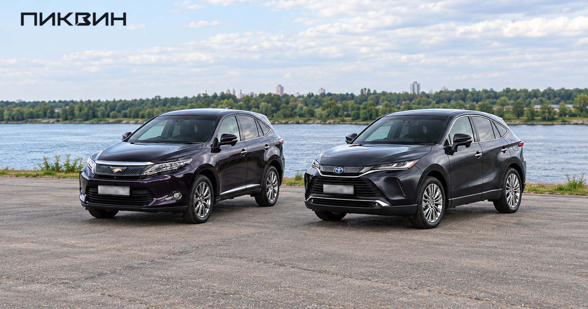 Тёмно-фиолетовый Toyota Harrier 2013 и графитовый Harrier 2020 стоят рядом, вид спереди в три четверти.