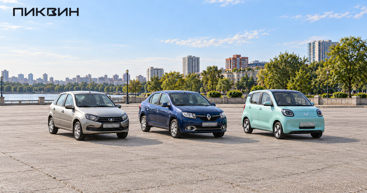 Бежевая Lada Granta хэтчбек, синий Renault Logan II седан и маленький мятный Wuling Mini EV стоят рядом.