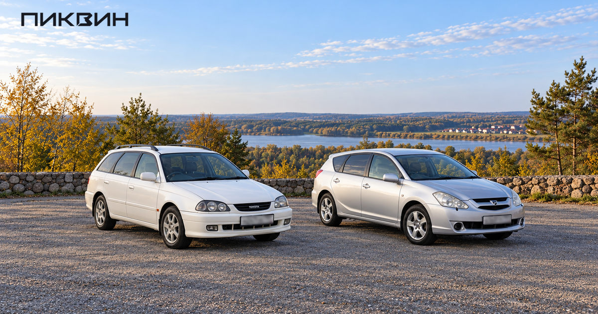 Белый универсал Toyota Caldina T210 и серебристый Caldina T240 стоят рядом на открытой площадке.