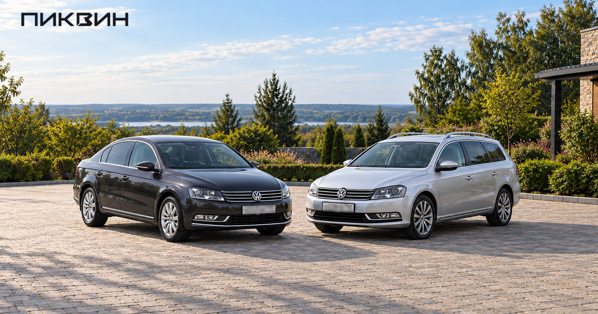 Тёмный седан Volkswagen Passat B7 и серебристый Passat B7 Variant стоят рядом.
