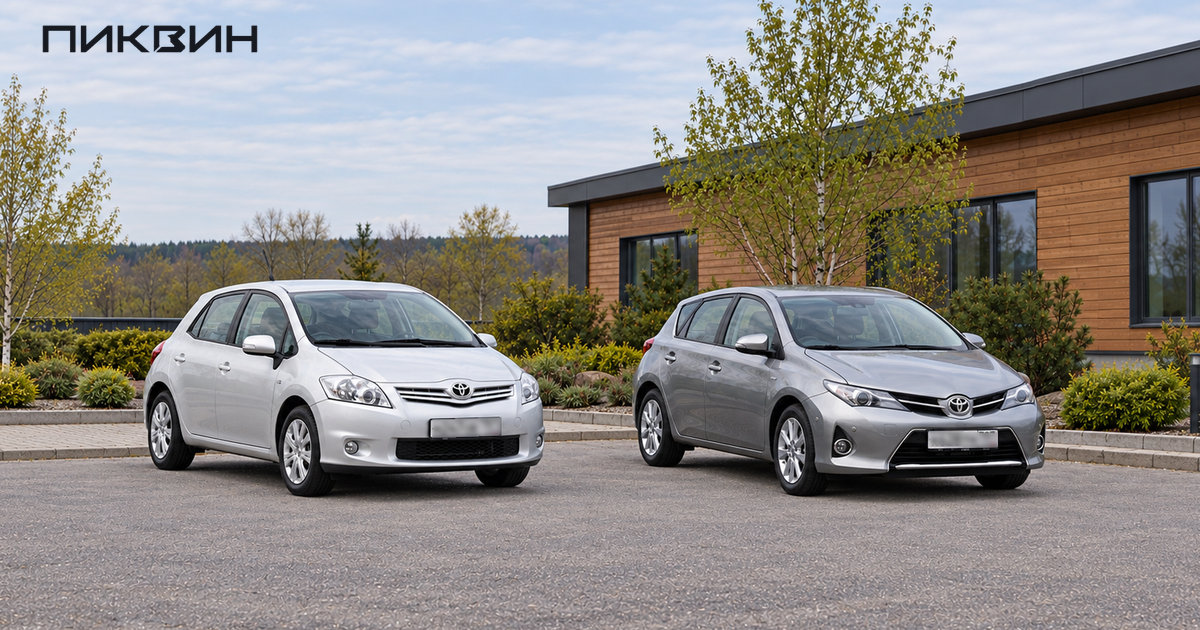 Белый Auris первого поколения и серый Auris второго поколения стоят рядом.