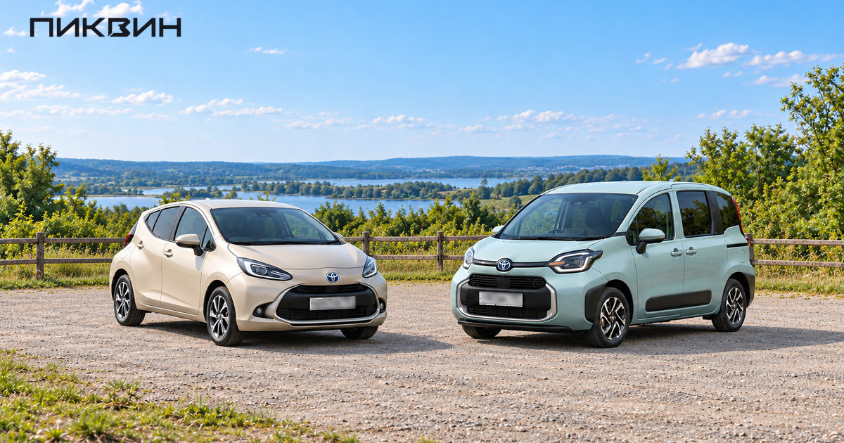Бежевая Toyota Aqua и светло-зелёная Toyota Sienta Hybrid стоят рядом на загородной площадке.