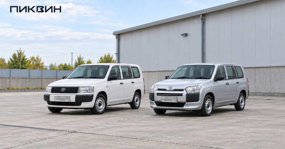 Белый ранний Toyota Probox и серебристый Probox после обновления стоят рядом возле склада.