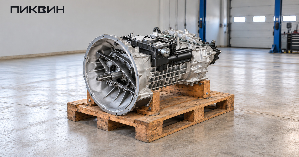 Крупная коробка ZF Ecomid лежит на деревянных опорах на поддоне в грузовом сервисном боксе.