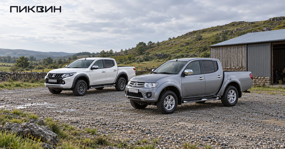 Серебристый Mitsubishi L200 четвёртого поколения и белый L200 пятого поколения стоят рядом на гравийной площадке.