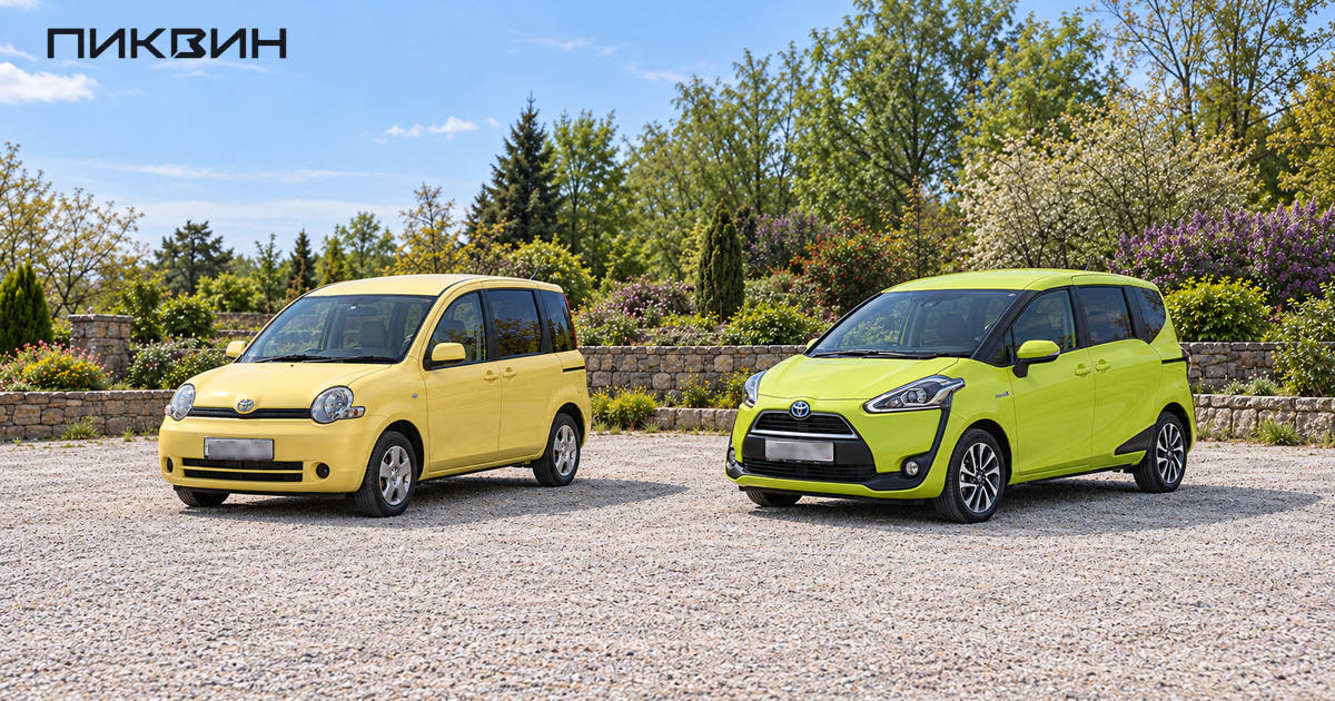 Жёлтая Toyota Sienta первого поколения и салатовая Sienta второго поколения стоят рядом на открытой площадке.
