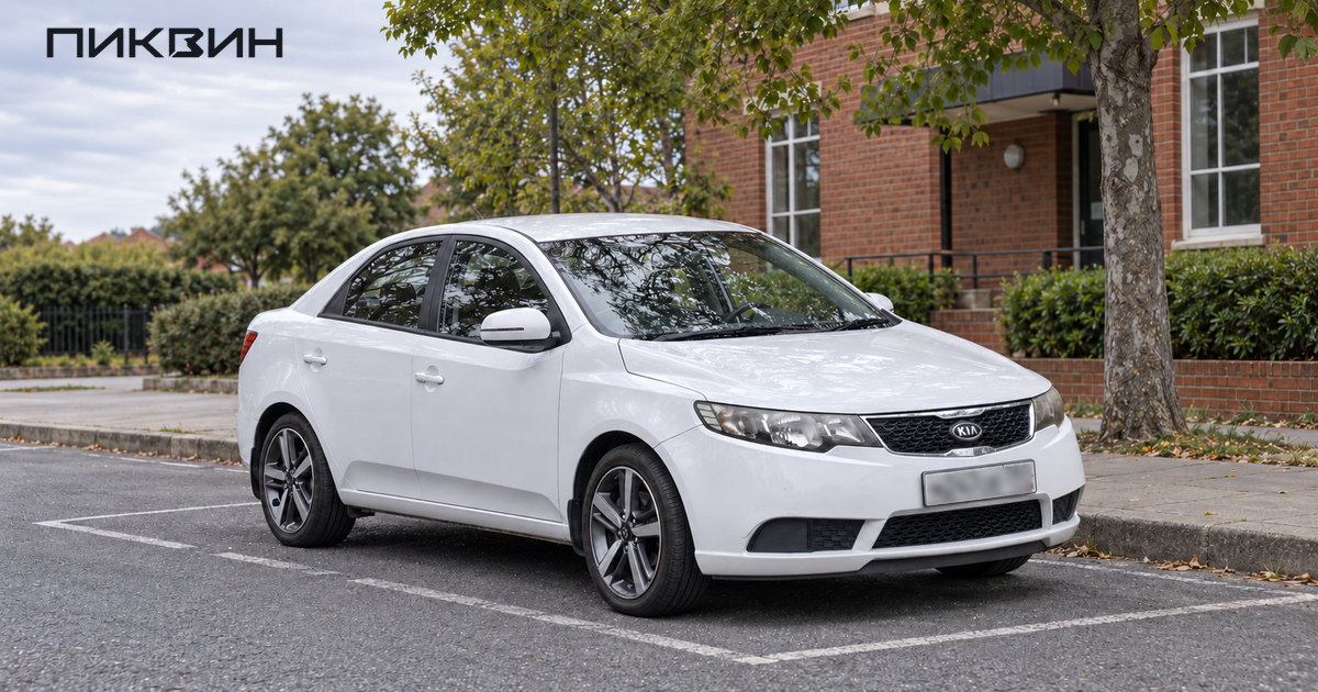 Белый седан Kia Cerato второго поколения стоит целиком на свободном парковочном месте возле кирпичного здания.