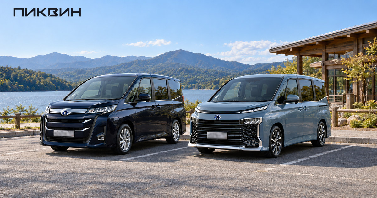 Тёмно-синий Toyota Noah и серо-синий Toyota Voxy четвёртого поколения стоят рядом на свободной площадке.
