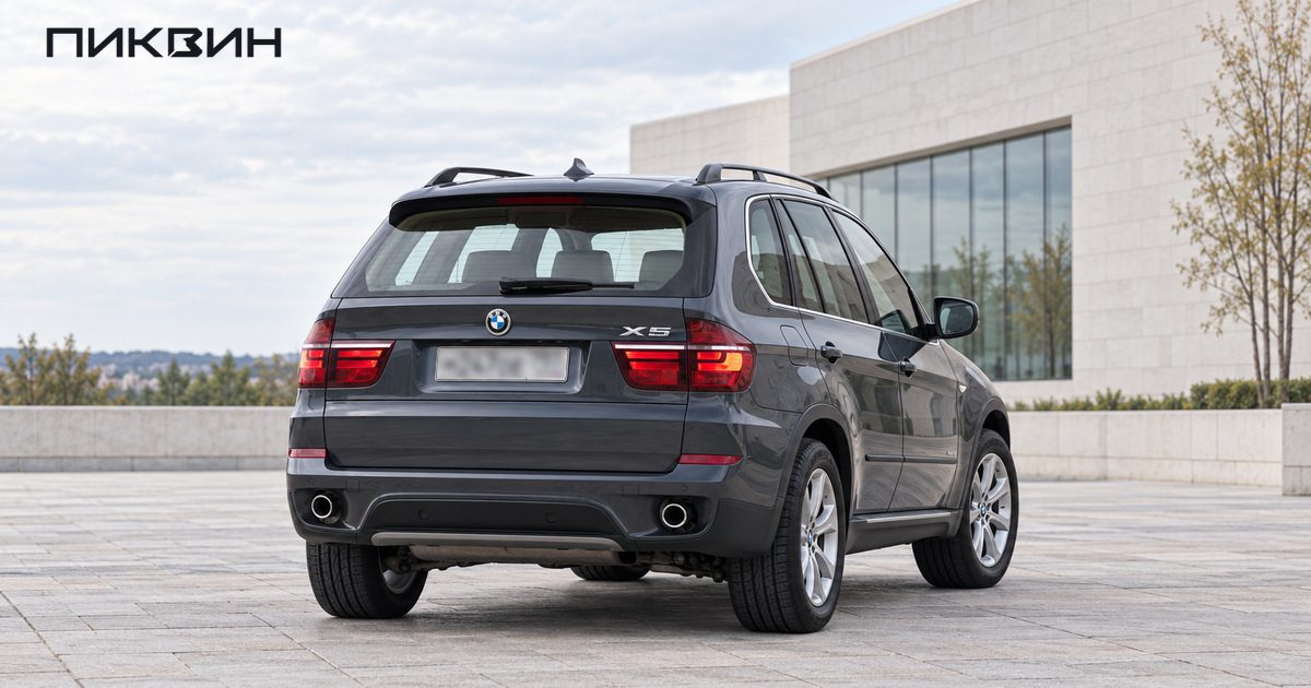 Тёмно-серый BMW X5 E70 после обновления показан целиком сзади и сбоку на свободной площадке.