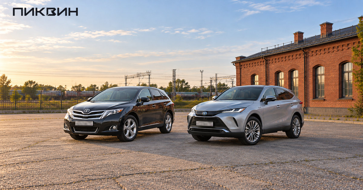 Тёмная Toyota Venza первого поколения и серебристая гибридная Venza второго поколения стоят рядом.
