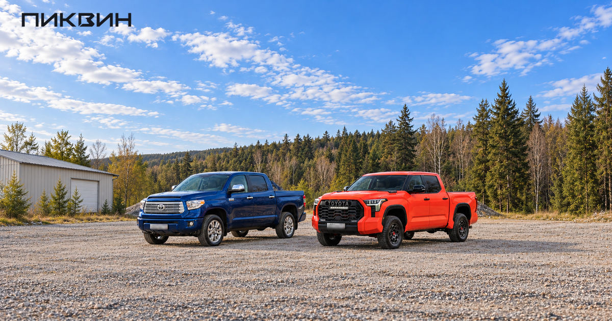 Синий Toyota Tundra 2014 года и оранжево-красный Tundra TRD Pro 2022 года стоят рядом на большой площадке.