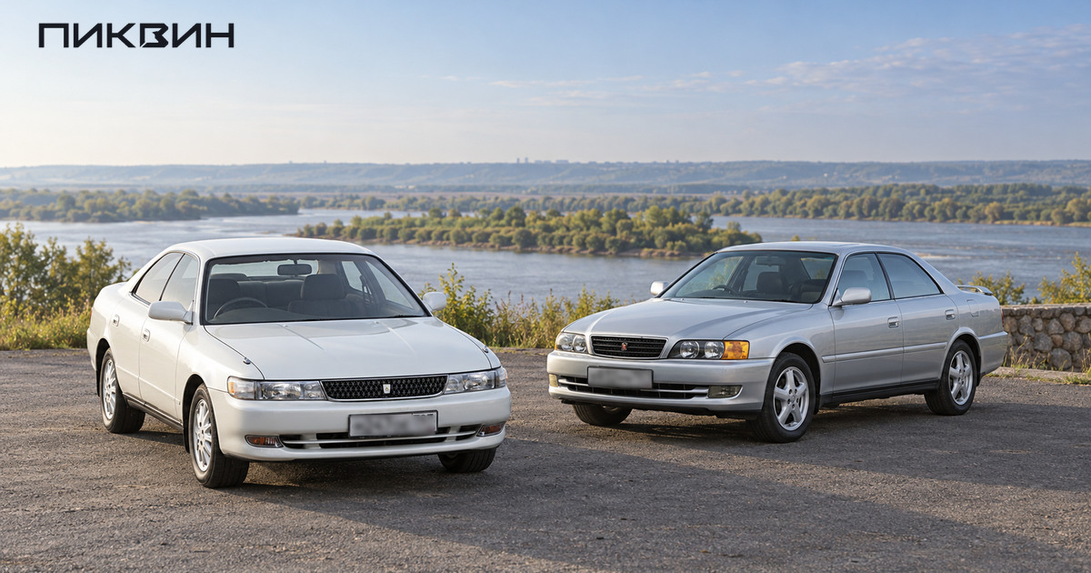 Белый Toyota Chaser X90 и серебристый Chaser X100 стоят рядом на открытой площадке.
