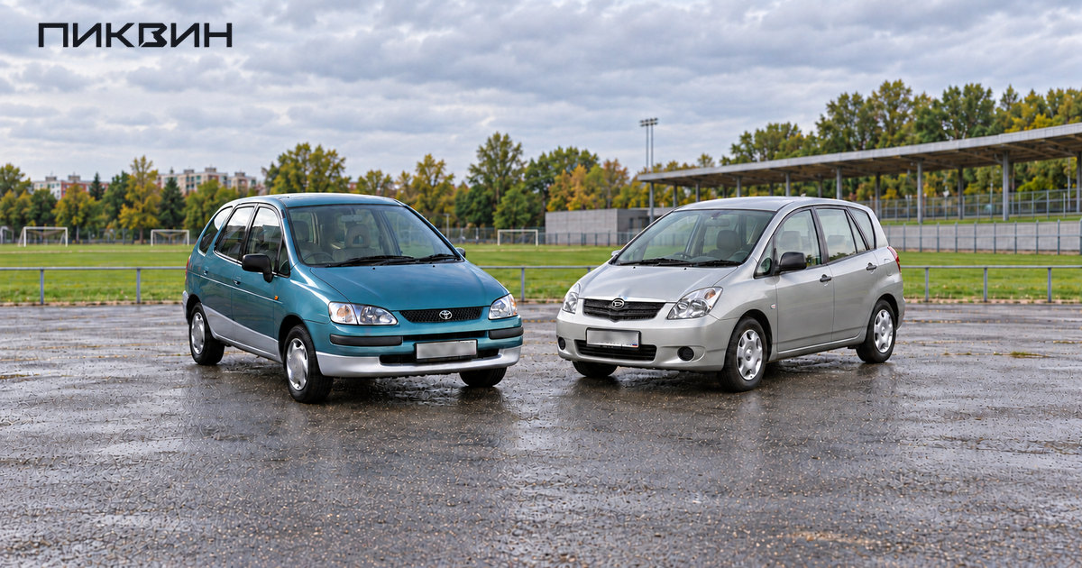 Toyota Corolla Spacio двух поколений рядом на парковочной площадке.