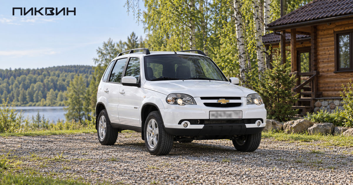 Белая Chevrolet Niva семейства ВАЗ-2123 на гравийной площадке.