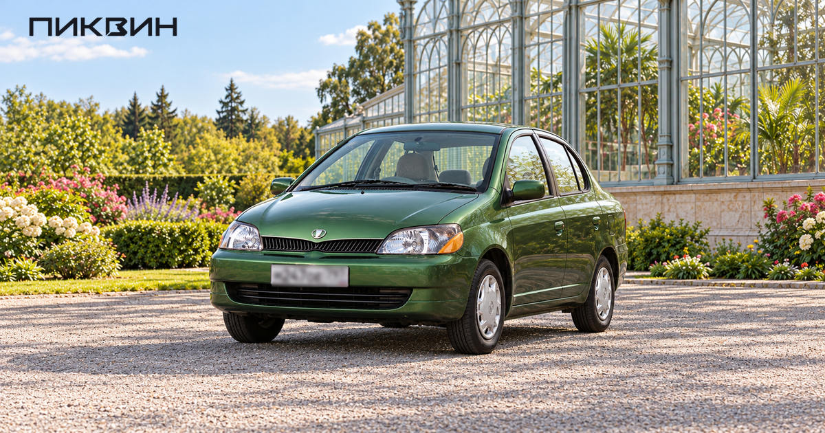 Зелёная Toyota Platz стоит перед городской оранжереей, вид спереди в три четверти.