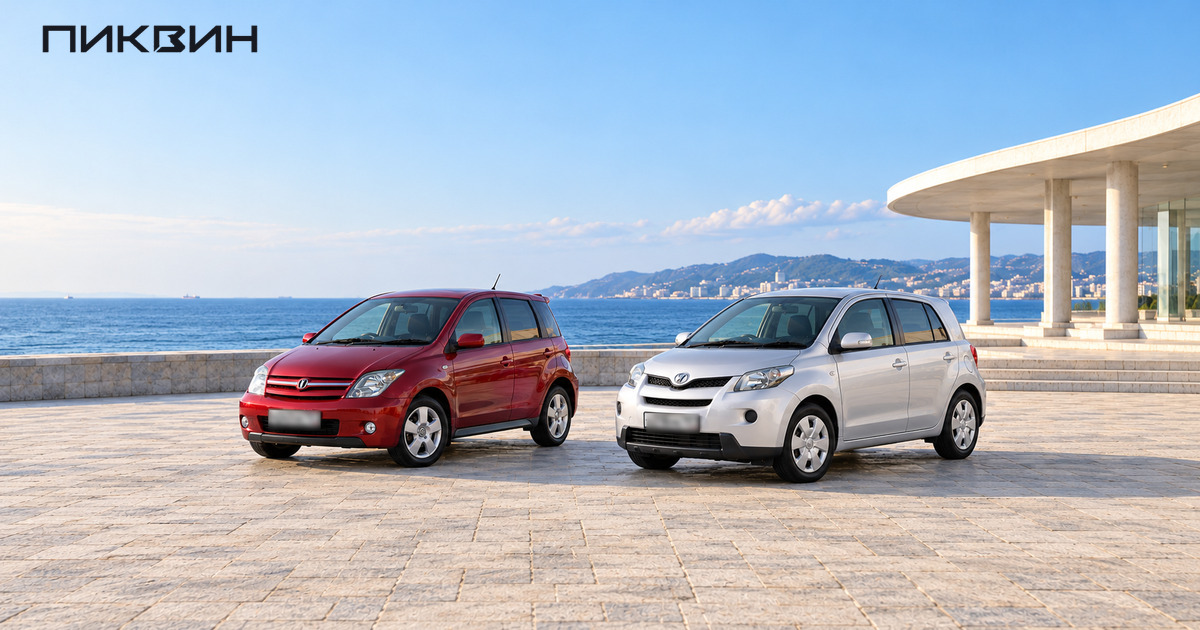 Красная Toyota ist первого поколения и серебристая ist второго поколения стоят рядом у приморского павильона.