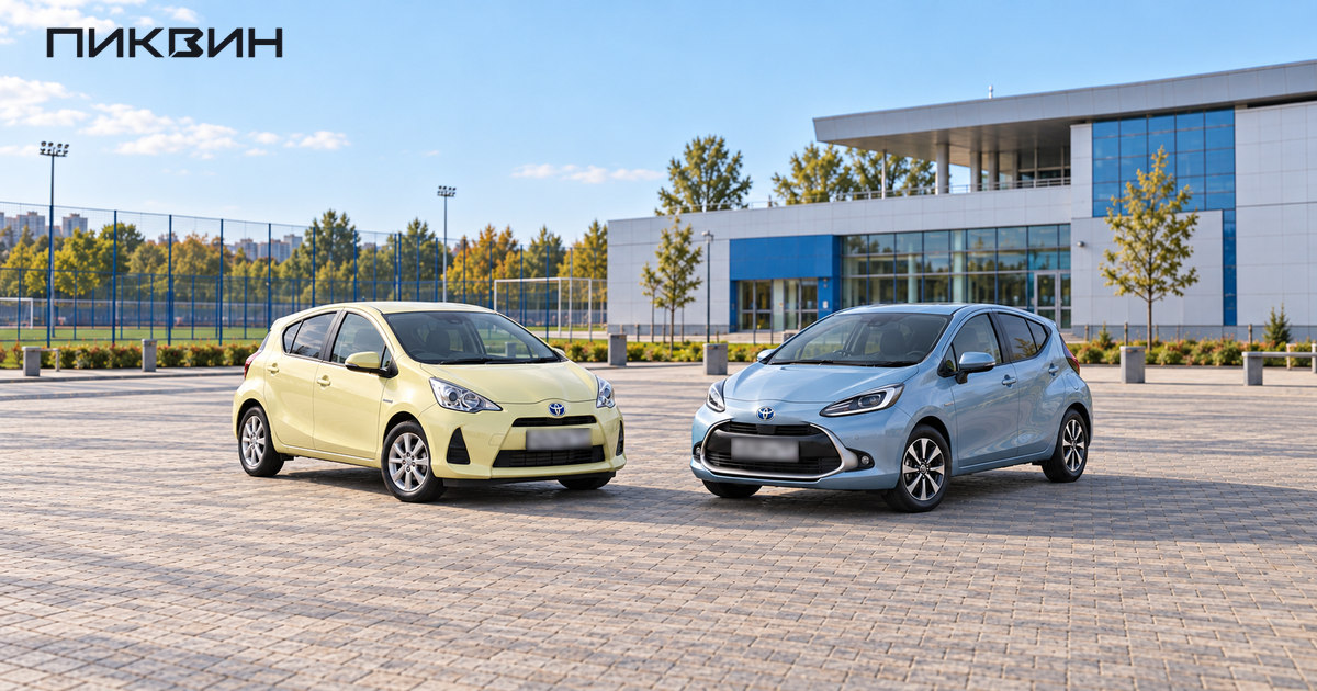 Жёлтая Toyota Aqua первого поколения и голубая Aqua второго поколения стоят рядом у городского спортивного центра.