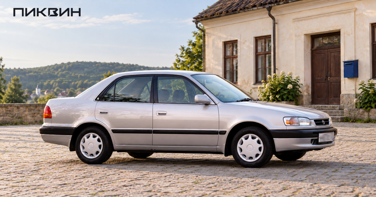Серебристая Toyota Corolla E110 японской версии на открытой площадке