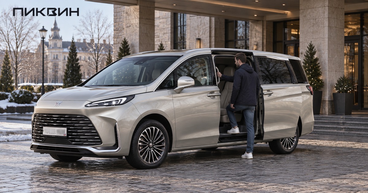 Пассажир садится во второй ряд Buick GL8 через открытую сдвижную дверь.